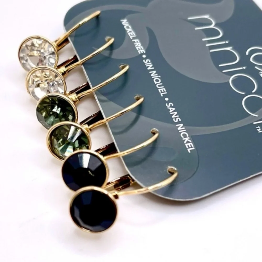 Minicci 3 Pairs of Gold-tone Leverback Earrings Black, Green & Clear Crystal NWT